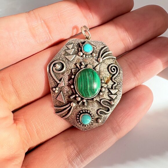 Sterling Silver 925 Malachite & Turquoise Native American Pendant 1.75" Length - Picture 4 of 9